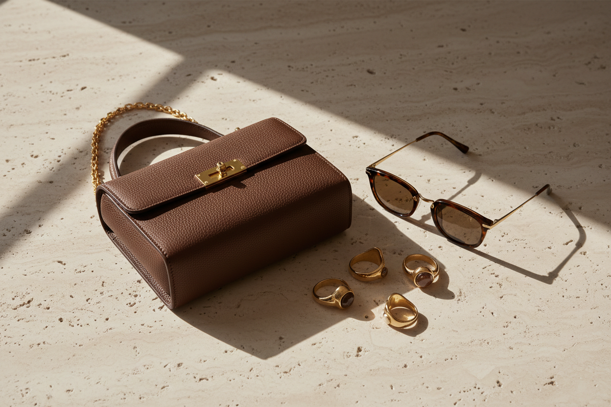 Luxury editorial still life of a leather handbag, gold rings, and minimalist sunglasses on a cream stone surface, soft natural light, espresso tones, 8k.